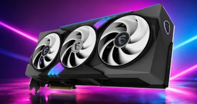 Tarjeta gráfica GeForce RTX 5090 con tres ventiladores, diseño negro y detalles en azul, iluminada por luces de fondo moradas y azules.