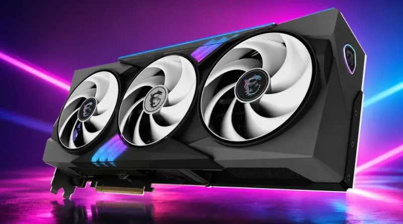 Tarjeta gráfica GeForce RTX 5090 con tres ventiladores, diseño negro y detalles en azul, iluminada por luces de fondo moradas y azules.