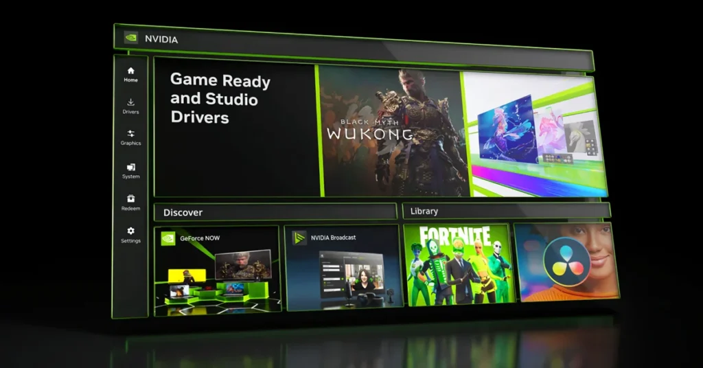 Interfaz de la aplicación NVIDIA, mostrando secciones para controladores, juegos y contenido multimedia, con colores verdes y negros.