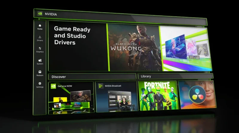 Interfaz de la aplicación NVIDIA, mostrando secciones para controladores, juegos y contenido multimedia, con colores verdes y negros.