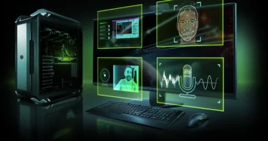 Diseño de un PC gaming con gráficos en verde, mostrando un rostro digitalizado, ondas sonoras y pantallas de transmisión.