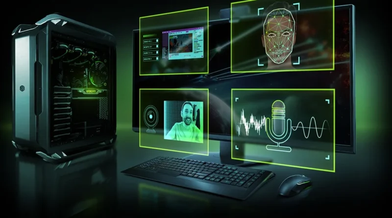 Diseño de un PC gaming con gráficos en verde, mostrando un rostro digitalizado, ondas sonoras y pantallas de transmisión.