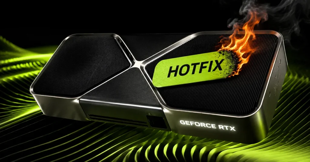 Tarjeta gráfica GeForce RTX de NVIDIA sobre un fondo verde, con la etiqueta "HOTFIX" en llamas, destacando un mensaje dinámico.