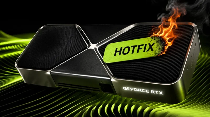 Tarjeta gráfica GeForce RTX de NVIDIA sobre un fondo verde, con la etiqueta "HOTFIX" en llamas, destacando un mensaje dinámico.