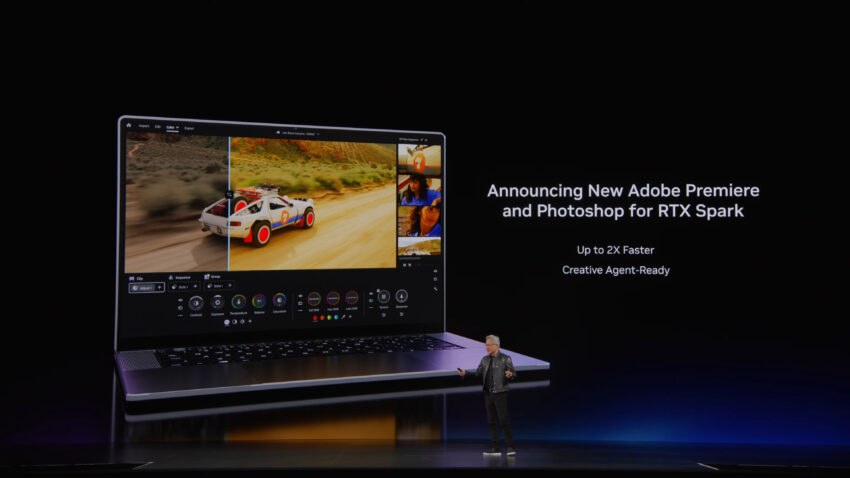 Presentación de un portátil mostrando Adobe Premiere y Photoshop, con imágenes de un coche en la pantalla y un presentador a un lado.