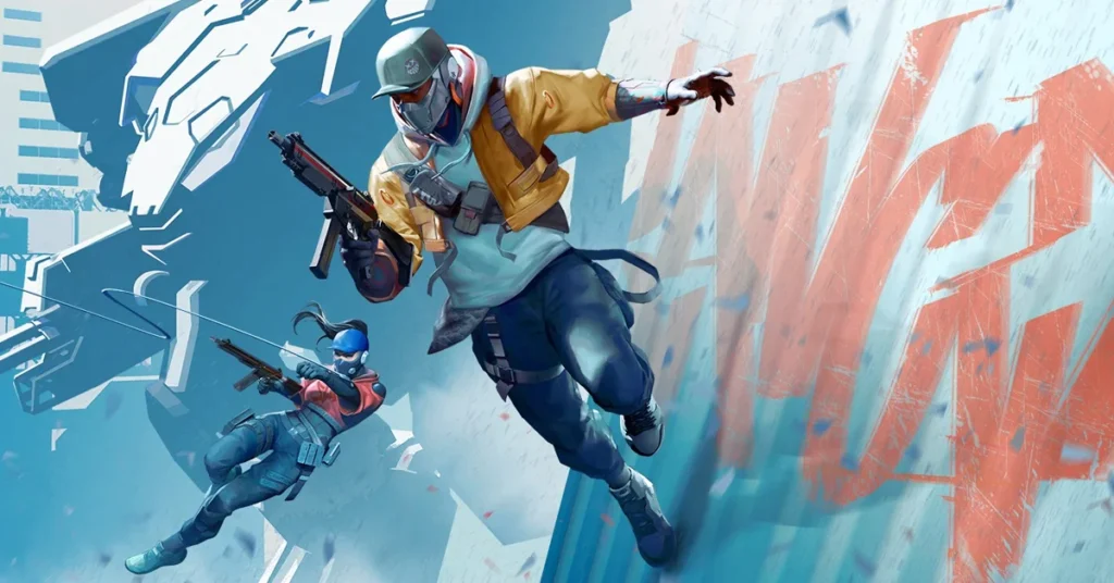Personajes de videojuego en acción, destacando armas y un estilo dinámico en un fondo artístico colorido.