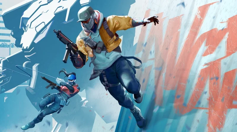 Personajes de videojuego en acción, destacando armas y un estilo dinámico en un fondo artístico colorido.