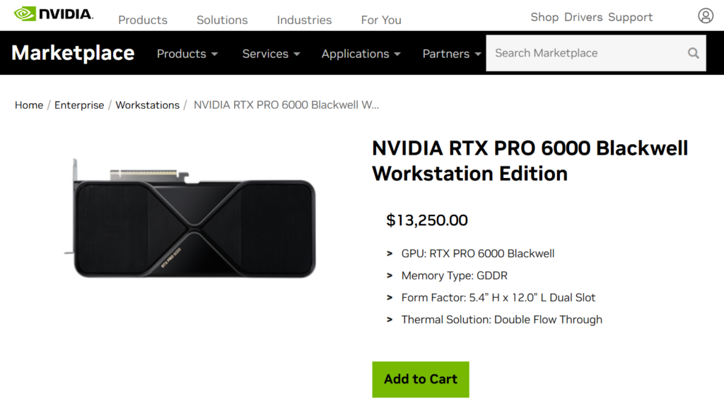 NVIDIA RTX PRO 6000 Blackwell, GPU profesional, $13,250, con memoria GDDR y diseño para estaciones de trabajo.