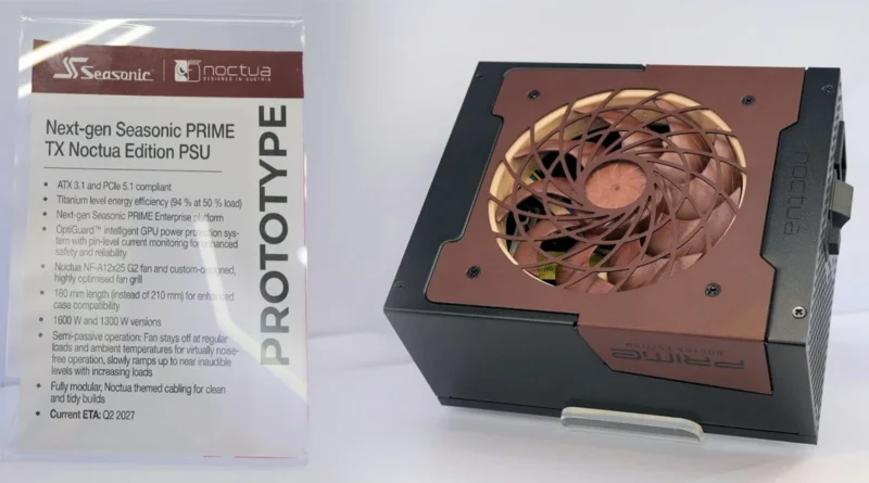 Fuente de alimentación Seasonic PRIME TX Noctua Edition con ventilador de color marrón, acompañada de una ficha técnica en la esquina superior izquierda.