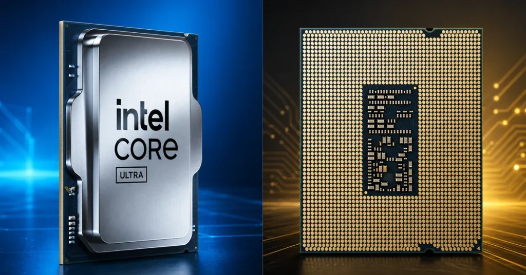 Procesador Intel Core Ultra en un lado, con un diseño plateado, y parte posterior con pines dorados en un fondo oscuro iluminado.