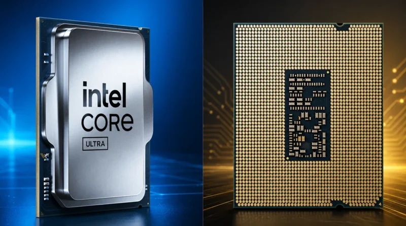 Procesador Intel Core Ultra en un lado, con un diseño plateado, y parte posterior con pines dorados en un fondo oscuro iluminado.