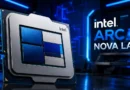 Procesador Intel ARC Nova Lake con diseño en azul y gris, destacado sobre un fondo tecnológico con iluminación azul.