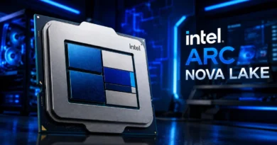Procesador Intel ARC Nova Lake con diseño en azul y gris, destacado sobre un fondo tecnológico con iluminación azul.