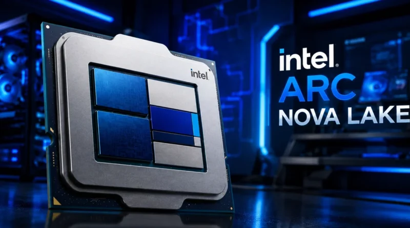 Procesador Intel ARC Nova Lake con diseño en azul y gris, destacado sobre un fondo tecnológico con iluminación azul.