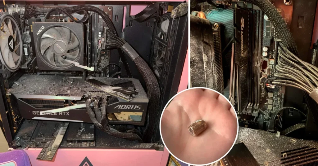Módulo G.Skill DDR5 dañado en una computadora, evidencias de un impacto de bala en el interior del gabinete.