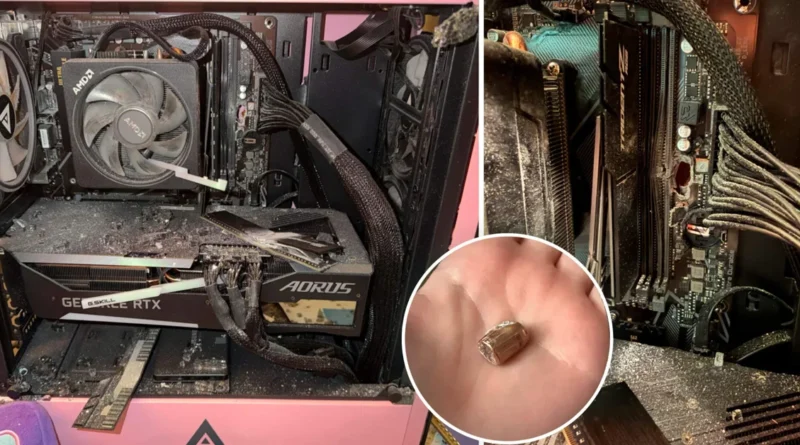 Módulo G.Skill DDR5 dañado en una computadora, evidencias de un impacto de bala en el interior del gabinete.