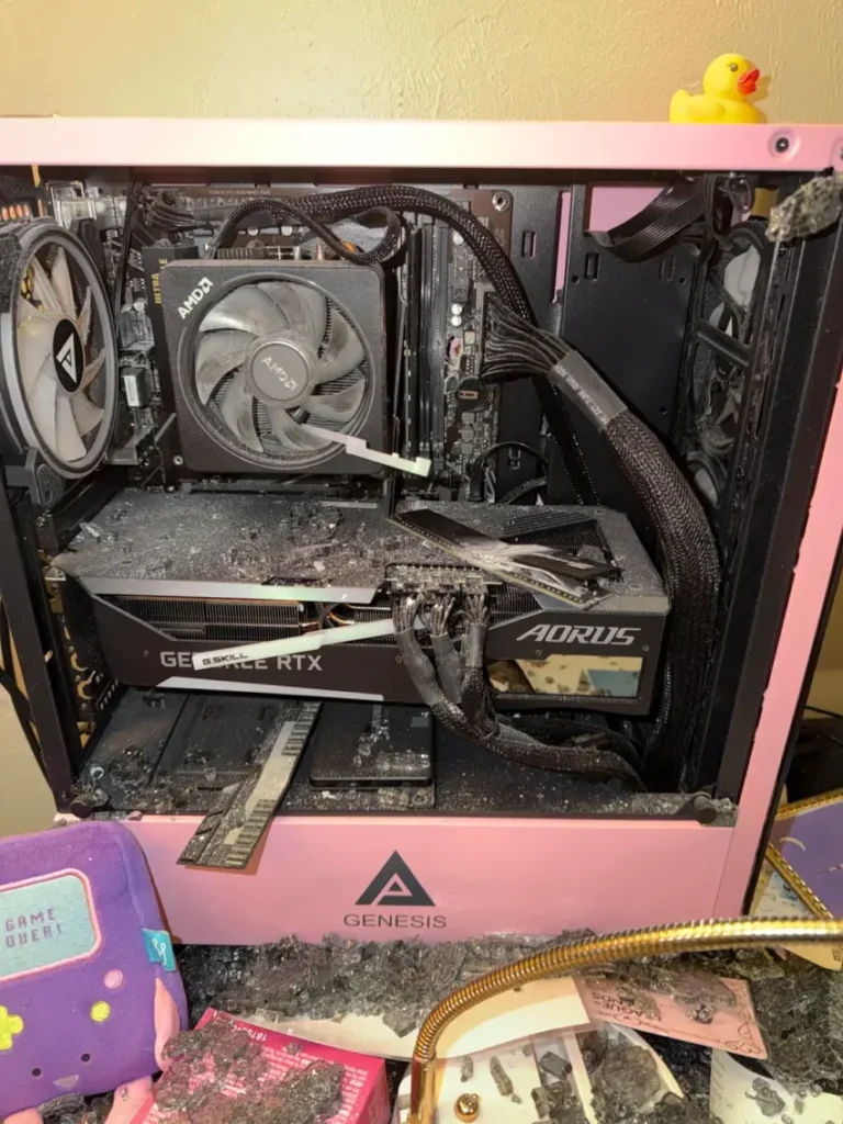 PC de gaming con GPU GeForce RTX y polvo acumulado en el interior, mostrando un desorden en el sistema de refrigeración.