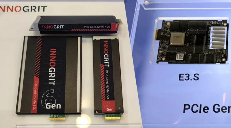 Tres SSDs de Innograd en una exposición, destacando el modelo PCIe Gen 6 con etiquetas en rojo y negro, junto a una placa base.