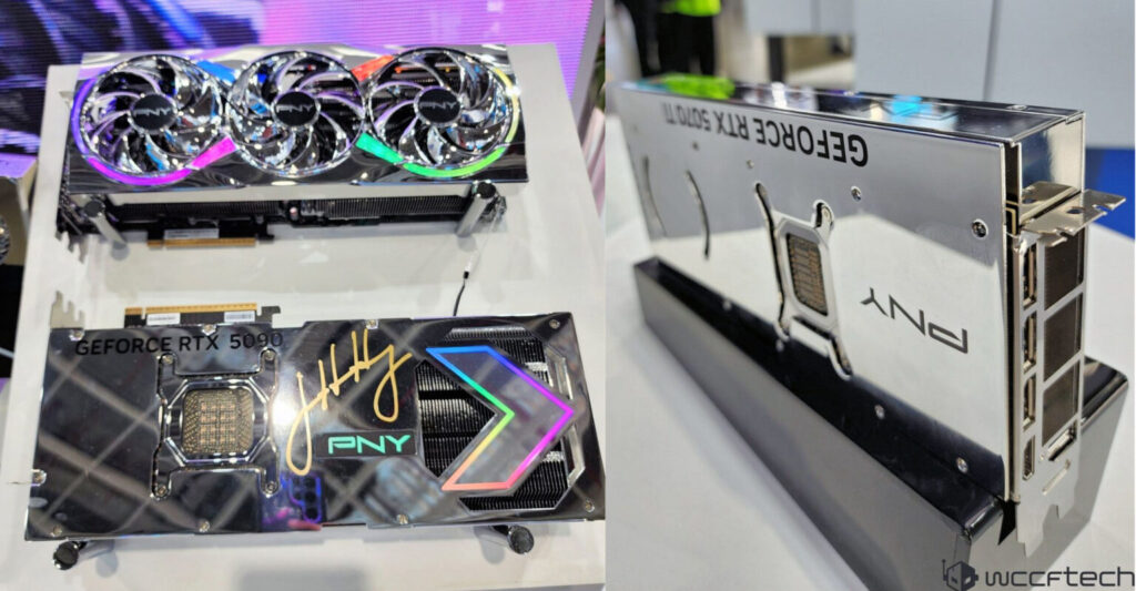 Tarjeta gráfica PNY GeForce RTX 5090, con tres ventiladores iluminados y diseño llamativo en la parte frontal y posterior.