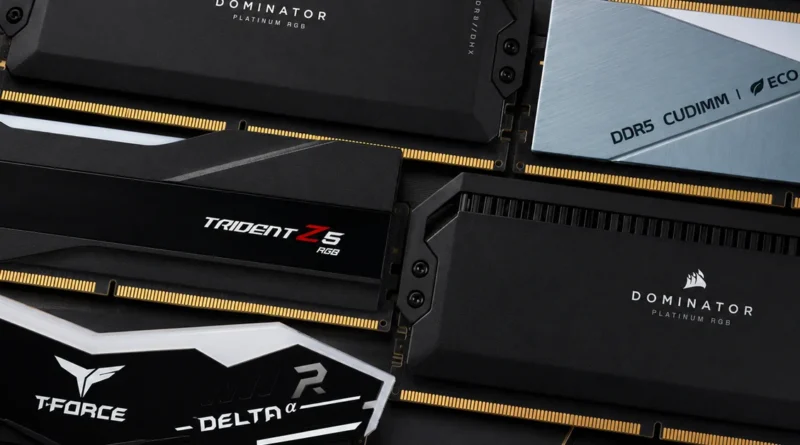 Módulos de memoria DRAM, incluyendo marcas como Dominator y Trident Z, que ilustran la escasez de memoria y sus precios.