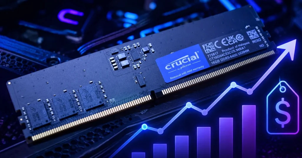 Memoria RAM DDR5 de Crucial con gráfico de precios al alza de hasta 1000 € por kit en Alemania.