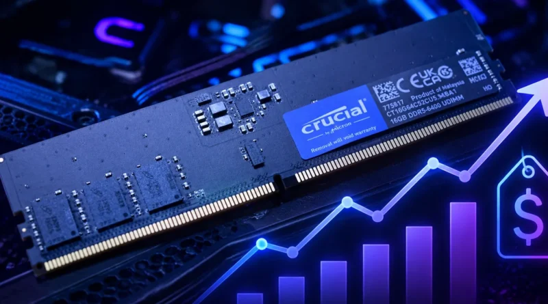 Memoria RAM DDR5 de Crucial con gráfico de precios al alza de hasta 1000 € por kit en Alemania.