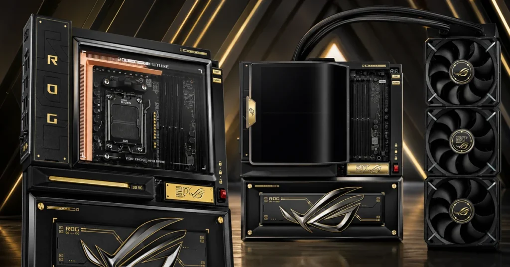Placa base ROG Crosshair X870E con enfriador de cobre puro y sistema de refrigeración líquida, fondos oscuros y detalles dorados.