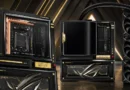 Placa base ROG Crosshair X870E con enfriador de cobre puro y sistema de refrigeración líquida, fondos oscuros y detalles dorados.