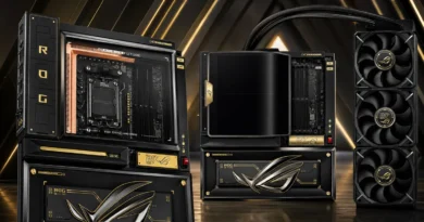 Placa base ROG Crosshair X870E con enfriador de cobre puro y sistema de refrigeración líquida, fondos oscuros y detalles dorados.