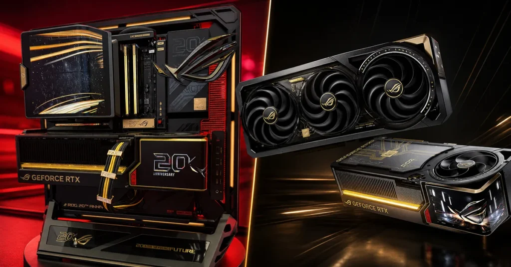 PC ROG con tarjeta gráfica GeForce RTX destacando el legado de ASUS en su 20 aniversario.