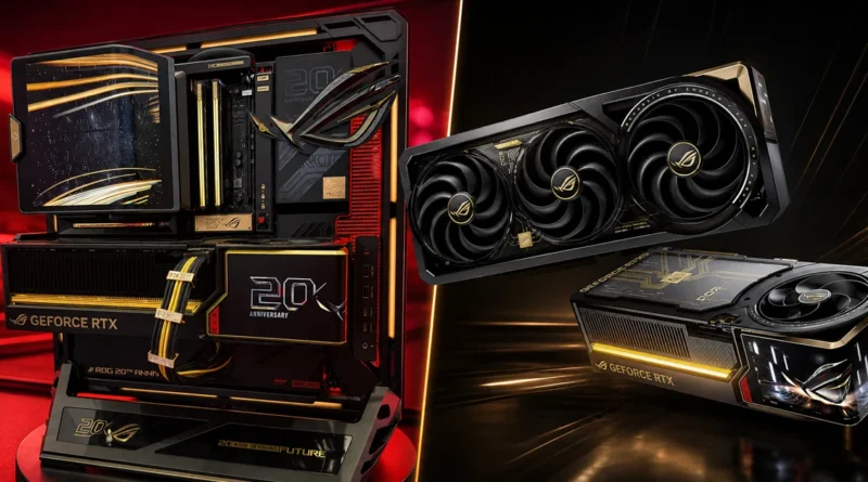 PC ROG con tarjeta gráfica GeForce RTX destacando el legado de ASUS en su 20 aniversario.