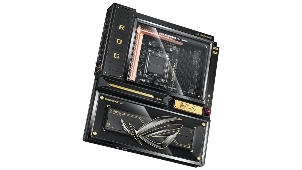 Placa base ROG en negro y dorado con diseño angular, exhibiendo el socket del procesador y elementos de refrigeración.