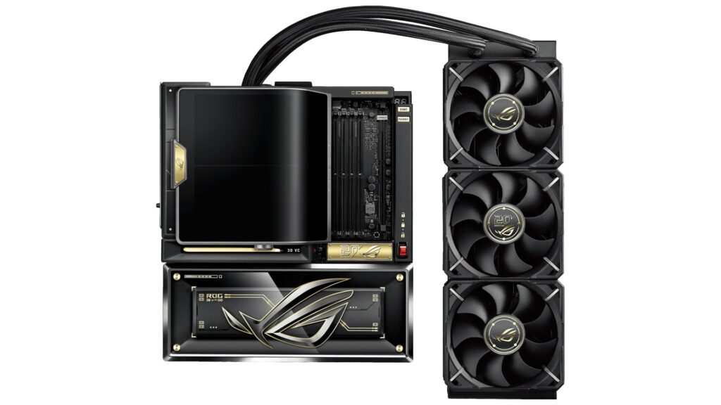 Placa base negra con diseño elegante y sistema de refrigeración líquida, compuesta por un radiador y tres ventiladores.