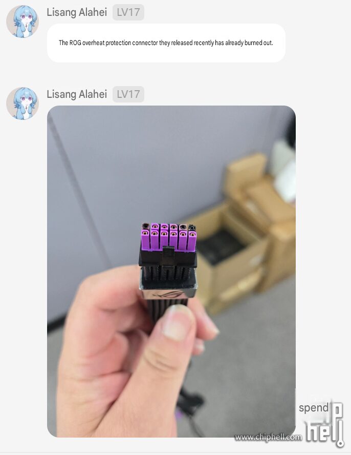Conector ROG del cable de alimentación con protección térmica quemado, indicando problemas de sobrecalentamiento.