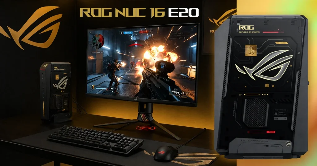 Mini PC ROG NUC 16 E20 junto a un monitor, mostrando un videojuego en acción; colores oscuros y detalles dorados en el diseño.
