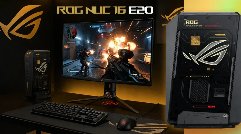 Mini PC ROG NUC 16 E20 junto a un monitor, mostrando un videojuego en acción; colores oscuros y detalles dorados en el diseño.
