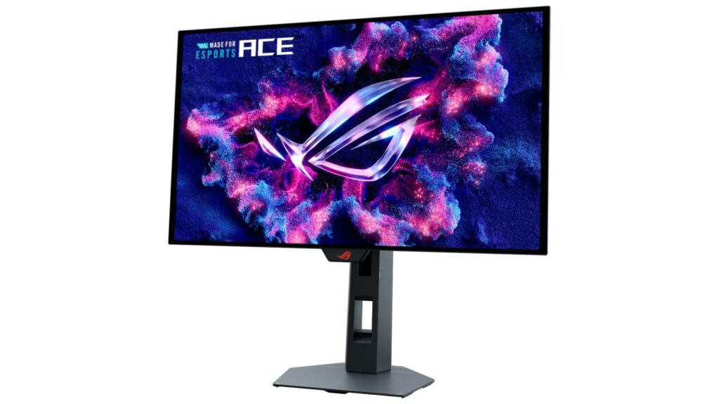 Monitor de gaming con diseño futurista, fondo oscuro y colores brillantes. Destaca el logo de ROG en el centro. Soporte elegante.