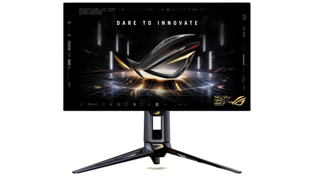 Monitor para juegos con diseño elegante, pantalla oscura y gráficos llamativos en colores metálicos, soporte robusto en negro.