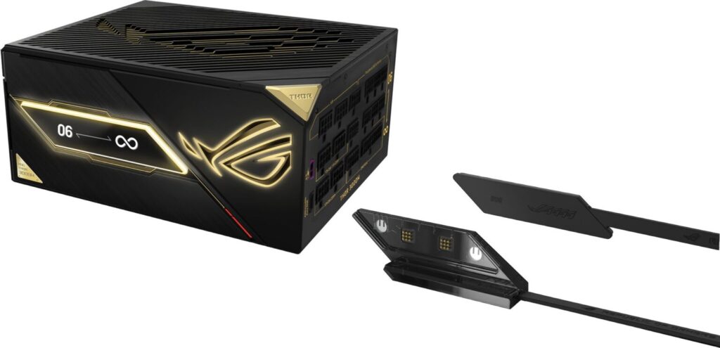 Tarjeta gráfica ASUS ROG Astral RTX 5090, con diseño negro y dorado, conexiones visibles y un aspecto futurista.