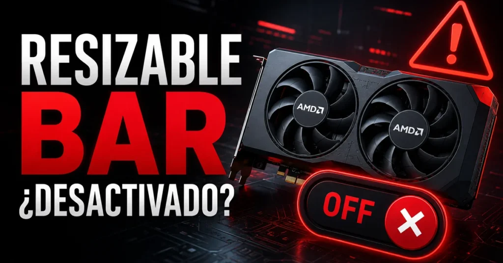 Tarjeta gráfica AMD con texto que indica "Resizable BAR ¿Desactivado?" y símbolo de advertencia en fondo oscuro.