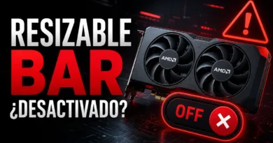 Tarjeta gráfica AMD con texto que indica "Resizable BAR ¿Desactivado?" y símbolo de advertencia en fondo oscuro.