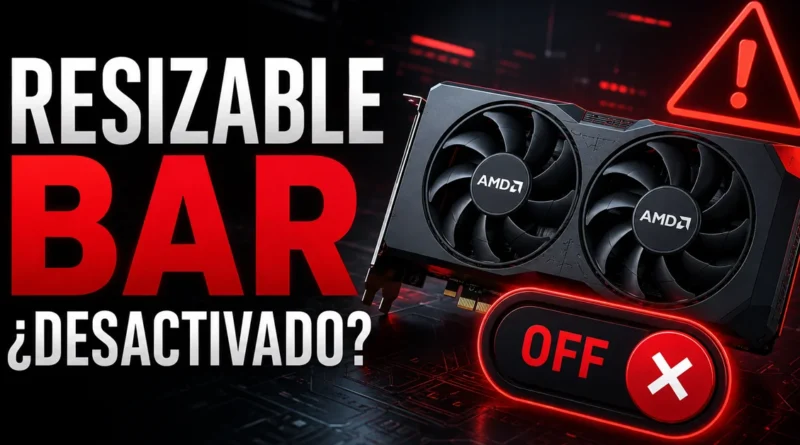 Tarjeta gráfica AMD con texto que indica "Resizable BAR ¿Desactivado?" y símbolo de advertencia en fondo oscuro.