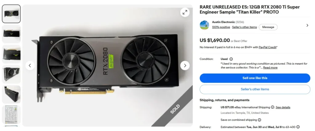 Tarjeta gráfica GTX 2080 Ti SUPER con ventiladores duales, muestra de ingeniero, resaltando su diseño y especificaciones.