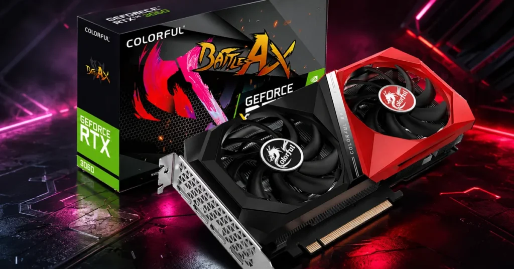 Tarjeta gráfica Colorful GeForce RTX 3060 en tonos negro y rojo, acompañada de su caja en un fondo tecnológico iluminado.