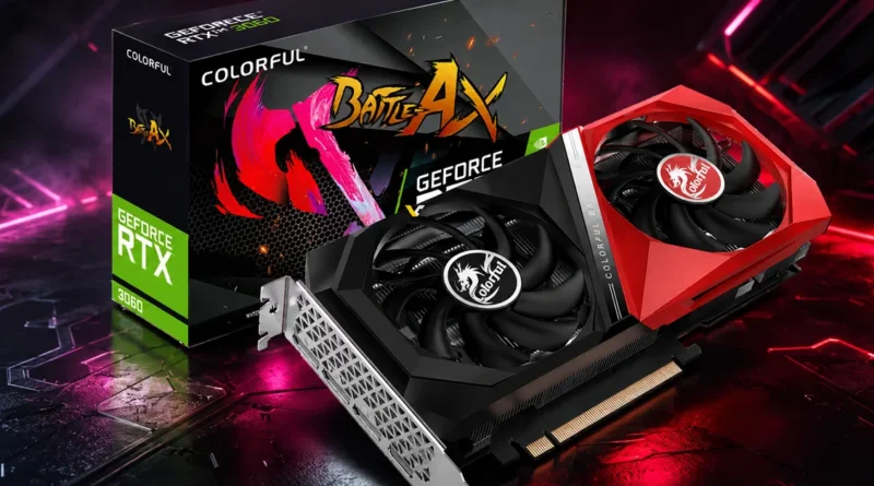 Tarjeta gráfica Colorful GeForce RTX 3060 en tonos negro y rojo, acompañada de su caja en un fondo tecnológico iluminado.