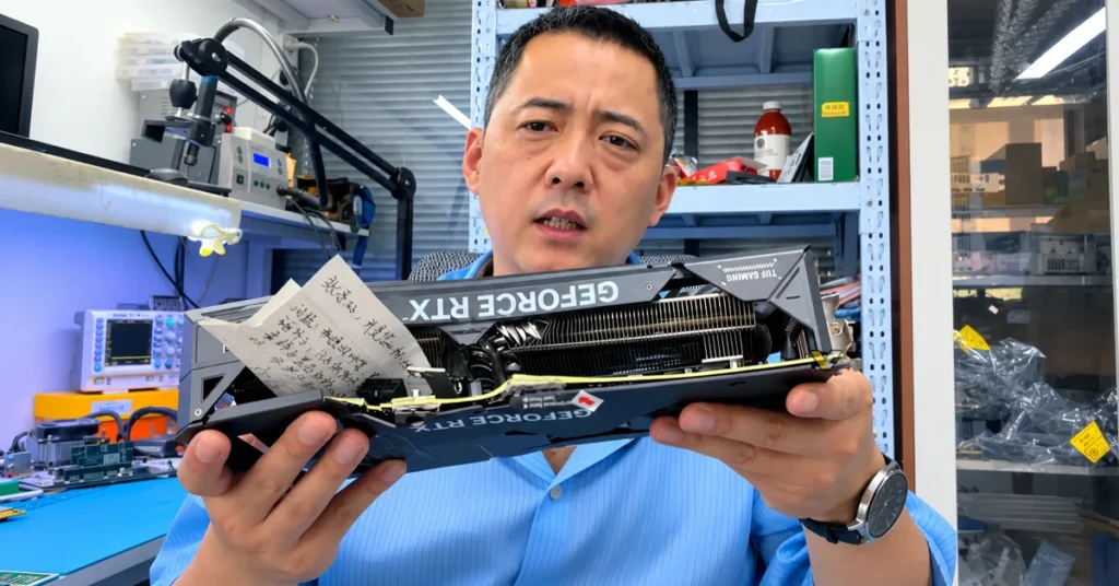 RTX 4070 SUPER en manos de un técnico, mostrando daños tras un martillazo, evidencia de la resistencia de sus componentes.