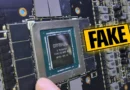 Núcleo de una tarjeta gráfica NVIDIA RTX 4090 con la etiqueta "FAKE" resaltada, evidenciando un posible fraude en componentes.