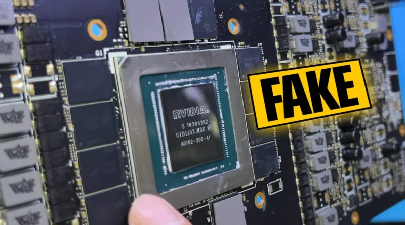 Núcleo de una tarjeta gráfica NVIDIA RTX 4090 con la etiqueta "FAKE" resaltada, evidenciando un posible fraude en componentes.