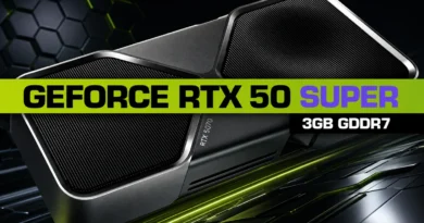 Tarjeta gráfica GeForce RTX 50 SUPER en tonos oscuros y verdes, con especificaciones visibles: "3GB GDDR7". Fondo con diseño geométrico.