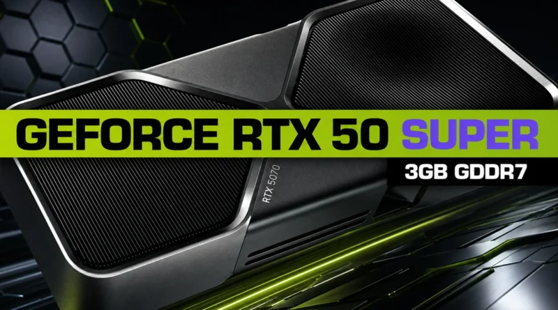 Tarjeta gráfica GeForce RTX 50 SUPER en tonos oscuros y verdes, con especificaciones visibles: "3GB GDDR7". Fondo con diseño geométrico.